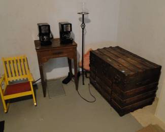 Small yellow rocking chair, and a very nice vintage trunk
