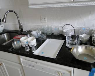 Glass ice bucket, and serving platter, and some great barware too