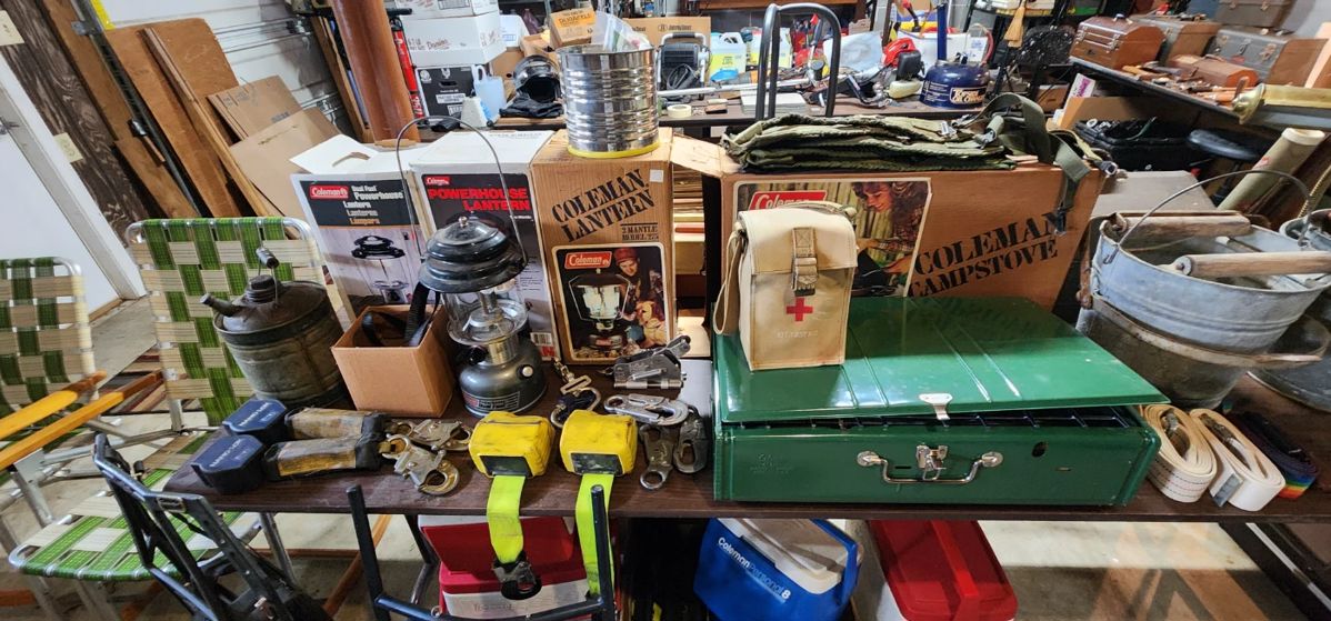 Vintage coleman lanterns in box. Vintage coleman camp stove mint in box. Wonderful vintage canvas first aid kit