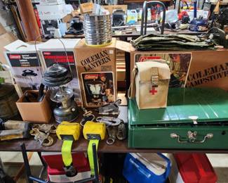 Vintage coleman lanterns in box. Vintage coleman camp stove mint in box. Wonderful vintage canvas first aid kit