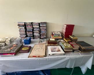 DVDs, CDs, records, Blu Ray DVDs, antique books, children books, Junior Britannica Encyclopedia set, language DVD sets