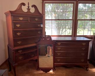 Mahogany tall boy chest of drawers, small dresser, mirror