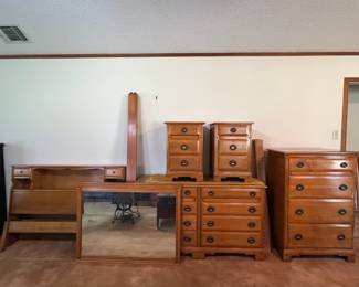 Maple bedroom set--full size headboard and footboard, 2 nightstands, dresser, mirror, chest of drawers--made by Spainhour