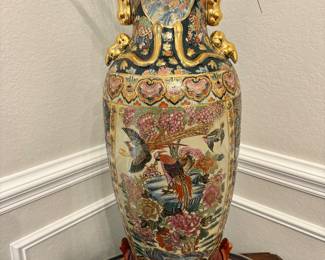 Vintage gold Chinese large vase with birds 24 inches