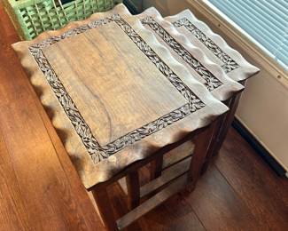 Vintage Indian Carved Nesting Tables
Some minor watermarks but overall excellent condition.
Largest table measures 15” x 11” x 14” tall