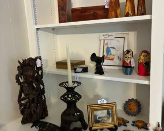Antique wrought iron Candle holder, wood boxes , bronze mouse, wood candlesticks and more!