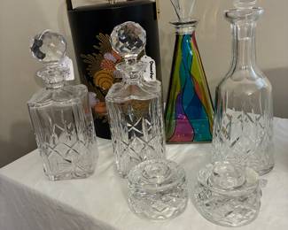 Crystal bar decanters and Waterford items