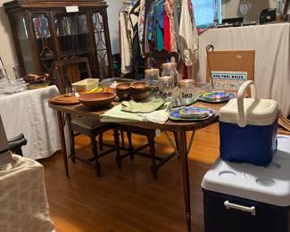 Vintage kitchen table - no chairs  and numerous coleman coolers, rubber maid  etch