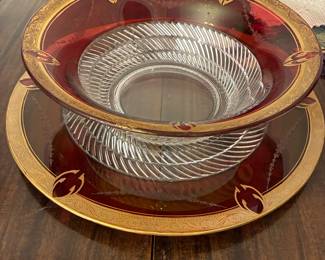 Magnificent ruby and gold very large crystal bowl and matching tray