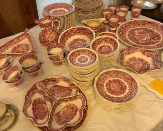 Table filled with Numerous pieces of Mason red, & white Ironstone. Several rare pieces