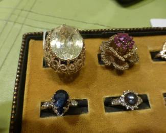 Striking 10kt gold citrine ring, 14kt gold sapphire and diamond ring 14 kt gold black pearl and diamond ring 14 kt gold flower ruby ring