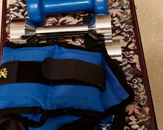 Small blue rubber coated dumbbells
Set of Metal dumbbells
Set of Ankle Weights
Small Footstool