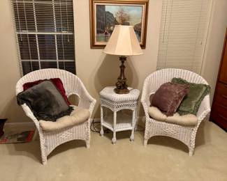 Vintage White Wicker Chairs & Side Table