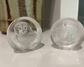 Mats Jonasson Signature Collection Lead Crystal Owl & Bear Paperweight Signed from Sweden
