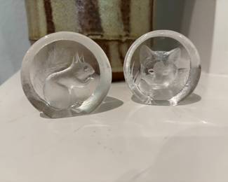 Mats Jonasson Signature Collection Lead Crystal Squirrel & Cat Paperweight Signed from Sweden