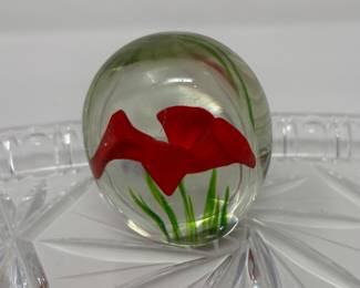 Vintage Red Flower Glass Paperweight