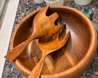 Wooden Salad Bowl with Serving Spoons
