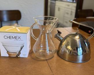 Chemex coffee carafe and filters, tea kettle