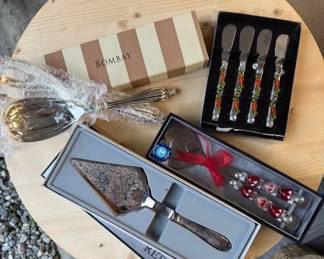 various decorative serving utensils - pie server / cake server, Valentines-themed salad servers, cheese knives, salad servers