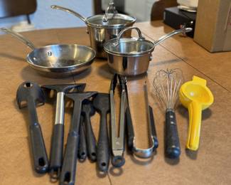kitchen utensils, Farberware pan and pots w/ lids