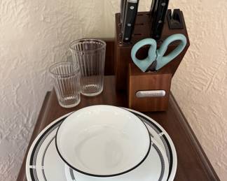 Corelle "Brasserie" Dinnerware set (24-piece, serves 8), full sets of IKEA drinking glasses large and small, full set of Farberware knives with knife block and kitchen shears