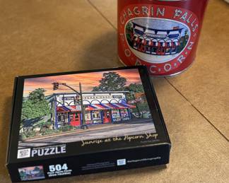 Chagrin Falls puzzle and vintage popcorn tub