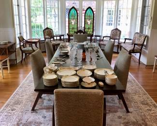 Handsome dark oak dining table & 6 “Gates Mills” dining chairs designed by John Koncar 