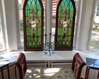 Tall beautiful pair of antique stained glass windows