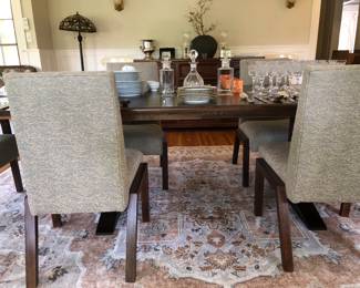 Handsome dark oak dining table & 6 “Gates Mills” dining chairs designed by John Koncar 