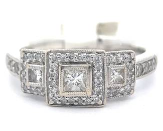 Princess Diamond Three-Stone Pavé Halo Ring in 14k White Gold