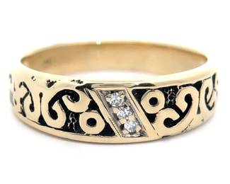 Natural Diamond Black Ribbon Scroll Ring in 14k Yellow Gold