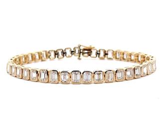NEW! 14 Carat Emerald Cut Diamond Bezel Link Tennis Bracelet in 14k Yellow Gold