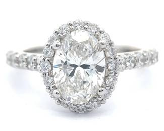 NEW! 2.16 Carat Oval Diamond Halo Cathedral Ring in 14k White Gold