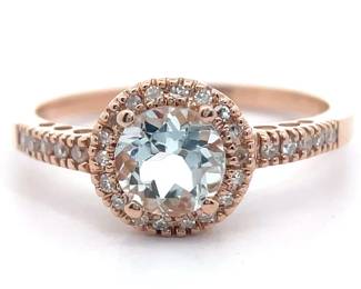 NEW! Aquamarine & Pavé Diamond Halo Ring in 14k Rose Gold