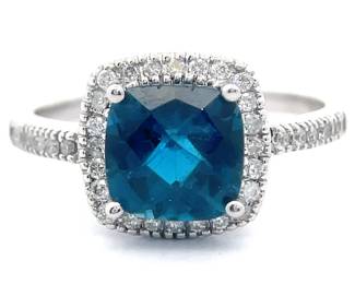 NEW! London Blue Topaz & Pavé Natural Diamond Halo Ring in 14k White Gold