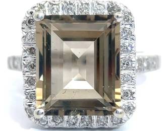 Cindy Cash Owned | Brownish Yellow Citrine & Natural Diamond Double Halo Ring in 14k White Gold