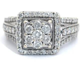 Cindy Cash Owned | Natural Diamond Cluster Square Halo Triple-Row Ring in 14k White Gold