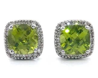 NEW! 0.15 Carat Natural Diamond & Peridot Cushion Halo Stud Earrings in 14k White Gold