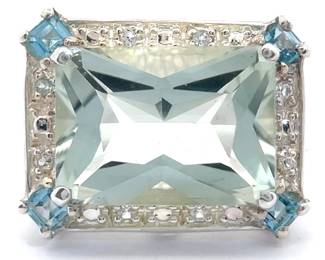 Aquamarine, Blue Topaz & Diamond Geometric Art Deco Halo Ring