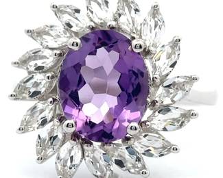 1.31 Carat Oval Amethyst & Marquise White Topaz Cluster Ring