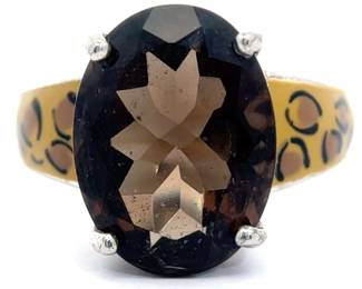 Oval Smoky Quartz & Leopard Enamel Two-Tone Ring