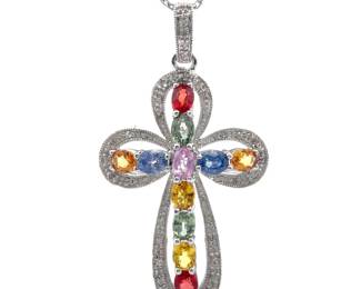 Multi-Color Sapphire & Natural Diamond Estate Cross Pendant Necklace in 14k White Gold