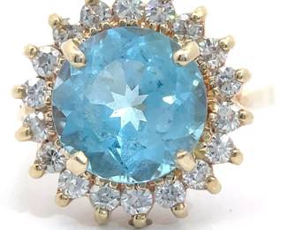 Cindy Cash Owned | Round Blue Topaz & Natural Diamond Halo Cluster Cathedral Ring in 14k Yellow Gold