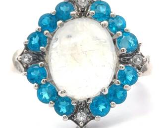 Oval Cabochon Moonstone, Blue & White Topaz Cluster Flower Ring