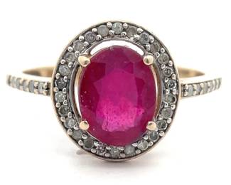 Oval Natural Ruby & Pavé Diamond Halo Estate Ring in Yellow Gold