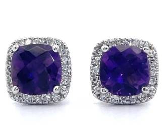 NEW! Natural Diamond & Amethyst Halo Stud Earrings in 14k White Gold