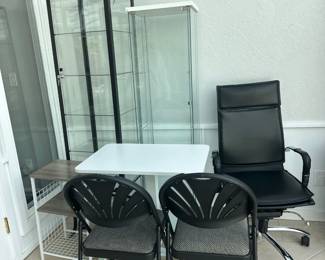 Display cases, chairs