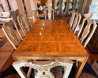 Beautiful Drexel Heritage Dining Table with 8 Hand Painted High Back Chairs and Three 22" W Leaves.