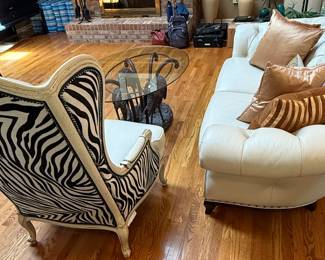 Hancock & Moore Leather Sofa and Chair plus Bronze Table with Swans and Glass Top (A work of Art)