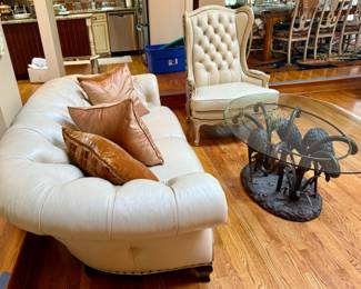 Hancock & Moore Leather Sofa and Chair plus Bronze Table with Swans and Glass Top (A work of Art)